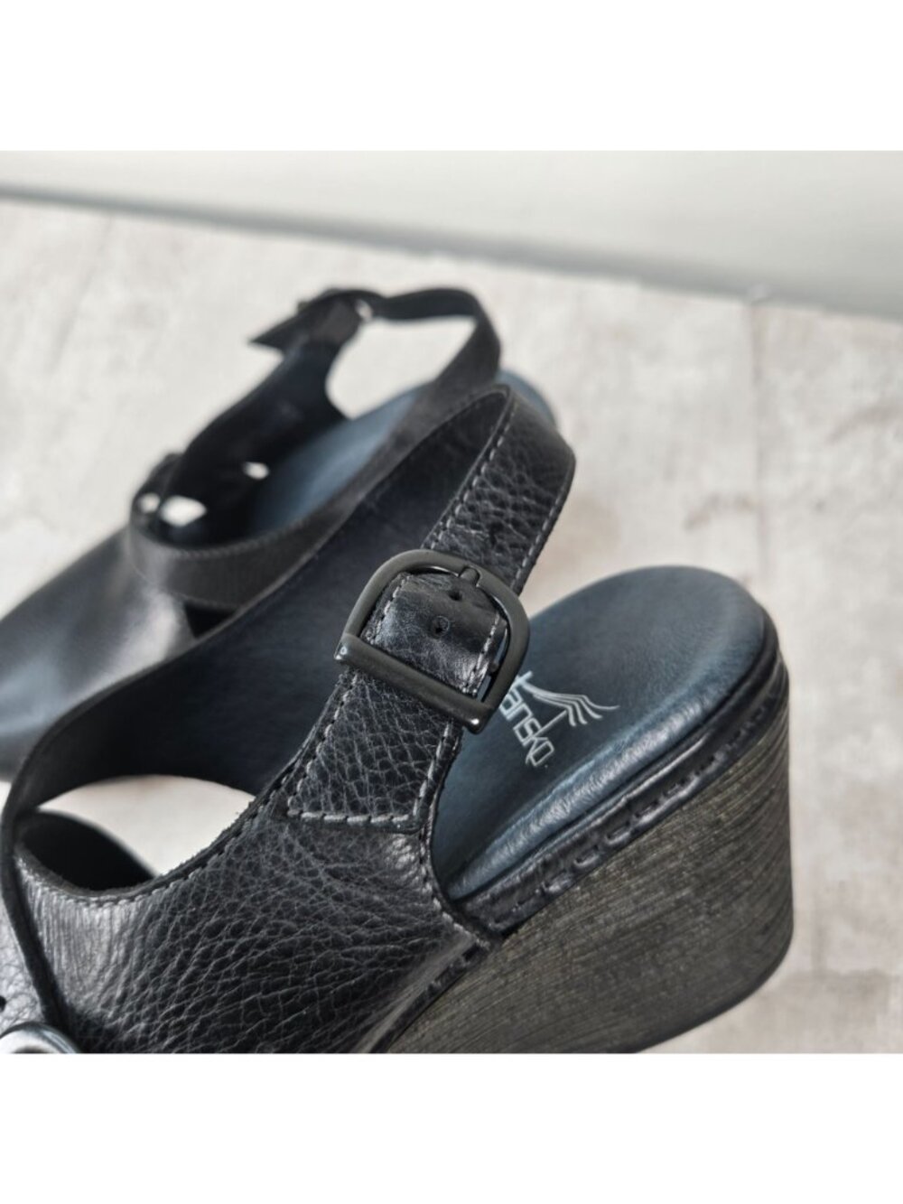 Dansko Platform Clogs 38 Black Leather Slingback Comfort Chunky Wedge Work Shoe - Picture 11 of 12